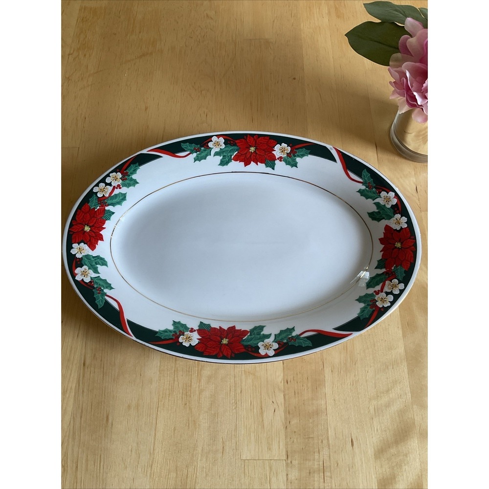 TIENSHAN Poinsetta Gold Trim Deck The Halls 14" OVAL SERVING PLATTER - EUC!